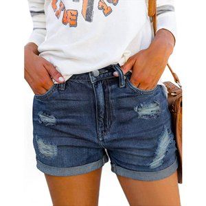 Women's Ripped Denim Shorts Mid Rise Distressed Jean Shorts Stretchy Short Jeans